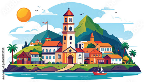Colorful illustration of a church tower.