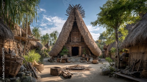 Maya Aztec civilization, Mexico culture. Mysterious, fantasy. A vivid portrayal of a traditional thatchedroofed structure, likely a hut or village entrance.