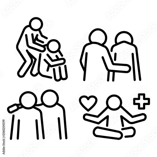 Stop Bullying Awareness Line Icon Set with Support and Kindness Symbols Vector Illustration