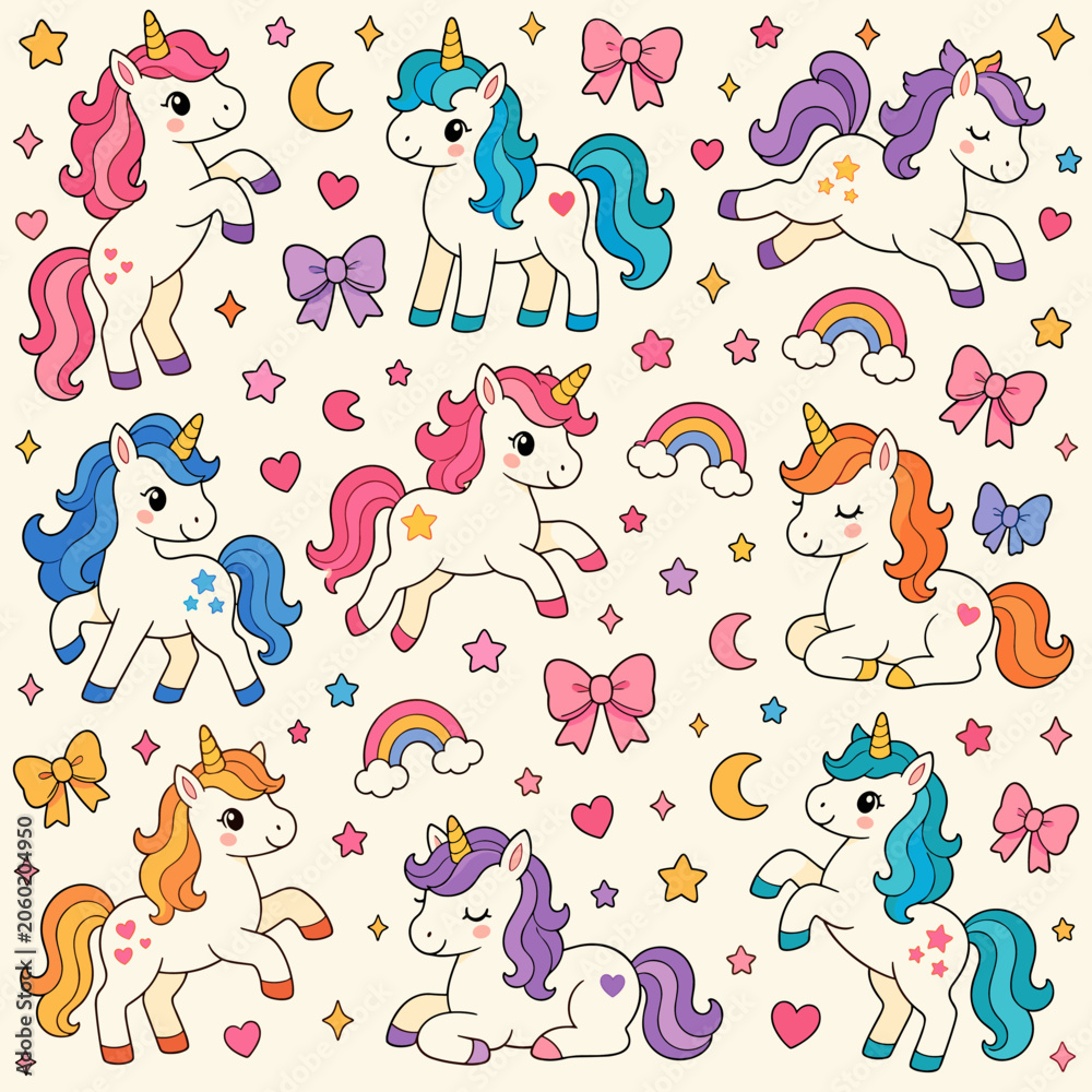 Obraz premium Cute cartoon unicorns with colorful manes and tails, surrounded by stars and rainbows