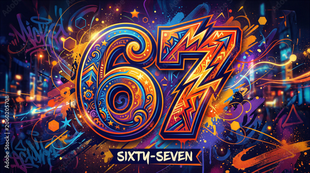 Fototapeta premium Dynamic colorful urban street art illustration of the number sixty-seven with neon effects