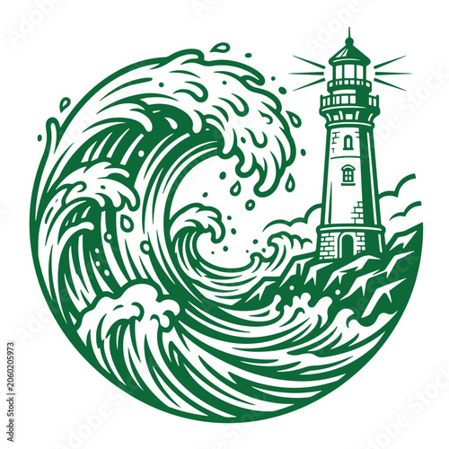Graphic illustration of lighthouse and large ocean wave with lighthouse maritime illustration landscape