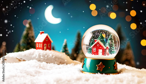 Miniature Red House in Teal Snow Globe on Snowy Hill at Night