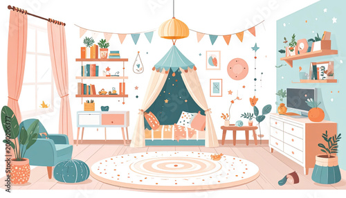 Colorful kids play tent interior.