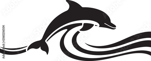 Black dolphin, wave icon, ocean symbol, marine logo