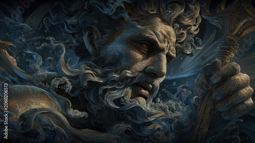 Greek mythology sea god Poseidon. Fantasy. A detailed digital artwork depicts a male figure, likely a deity or mythological figure, in a side profile.
