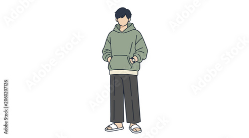 Young man in casual hoodie and pants, minimalist illustration, isolated on white background.