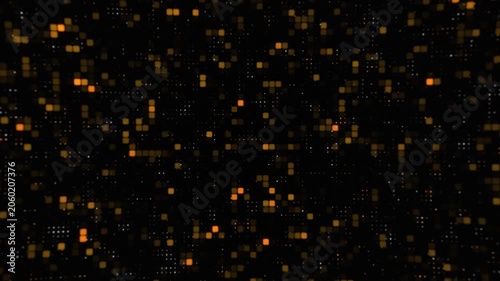 Abstract Digital Grid Background with Glowing Orange Squares and Particles on Black