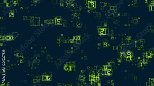 Green Glitch Digital Numbers Background with Abstract Tech Squares Animation