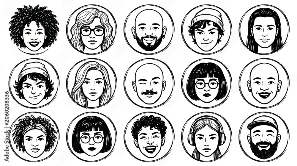 Fototapeta premium Diverse People Avatar Collection: Hand-Drawn Faces in Circular Frames, Modern Style