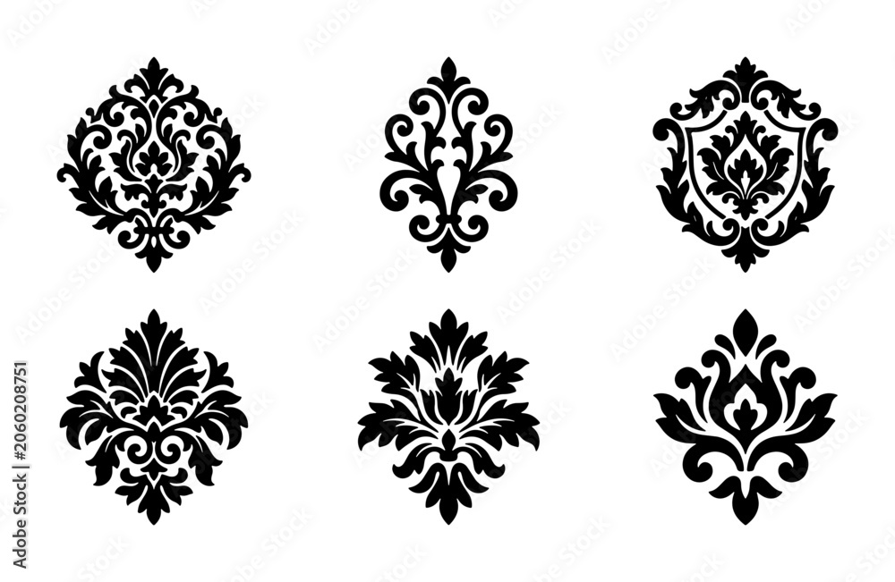 Obraz premium Ornate Damask Flourish Emblems, Classic Baroque Decorative Elements, Elegant Victorian Scrollwork Motifs, Black and White Vector Set