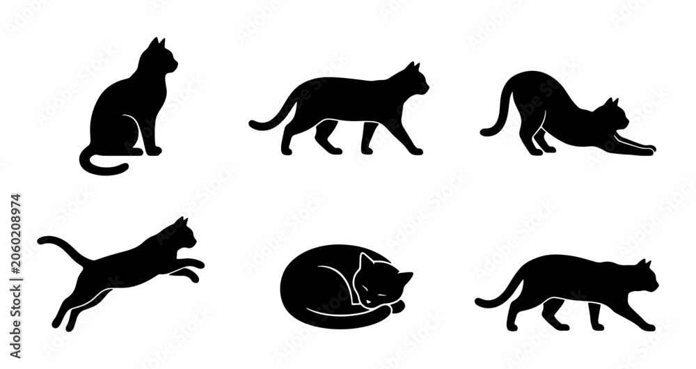 Fototapeta premium Black Cat Silhouettes Vector Set: Feline Poses, Domestic Animals, Pet Icons, Graphic Elements, Simple Art