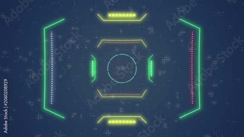Futuristic Digital HUD Frame Animation with Glowing Neon Interface Elements on Blue Background