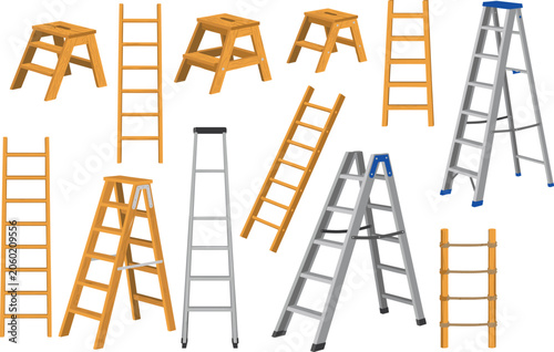 Fotografie Wooden and aluminum step ladders vector illustration set with various classic timber rungs construction stools for repair and home improvement design
