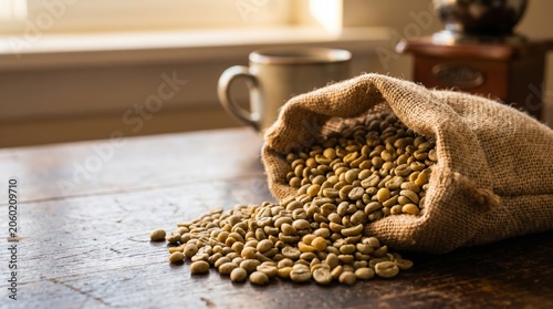 Raw coffee bean seeds spill from burlap sack on rustic wooden table with mug and grinder in home kitchen setting.