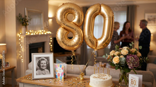Golden 80th birthday celebration with balloons cake and portrait in cozy living room