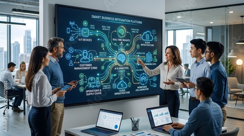 Diverse business professionals collaborating and analyzing a smart information platform on a large digital screen in a modern office.