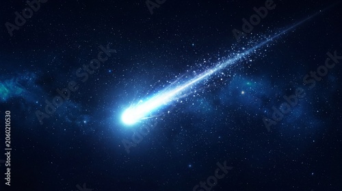 Mysterious Celestial Fireball Streaking Through Deep Cosmic Night, Vibrant Glowing Trail, Space Scene, Dramatic Astronomy, High-Resolution Stock Image.