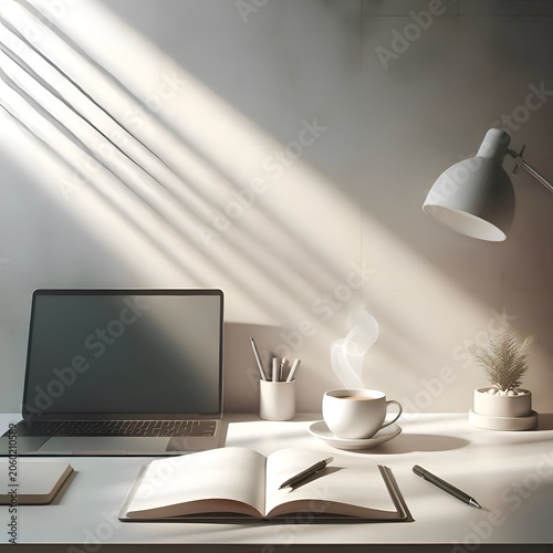 Minimal desk with laptop, notebook and coffee cup, white and neutral tones, soft natural light, modern workspace