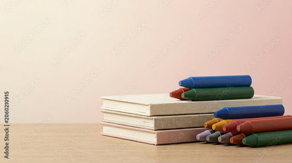 Fototapeta premium Colorful pens and stacked notebooks on a wooden desk.