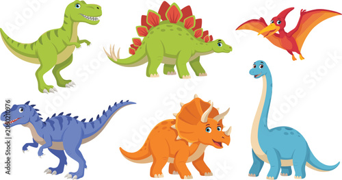 Foto Cute cartoon dinosaurs vector illustration set with t-rex triceratops stegosaurus pterodactyl and brachiosaurus characters for kids prehistoric wild animal design