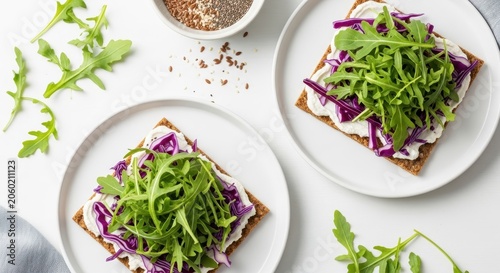 Top view of two crispbread toasts with cream cheese, red cabbage, and arugula isolated on white background