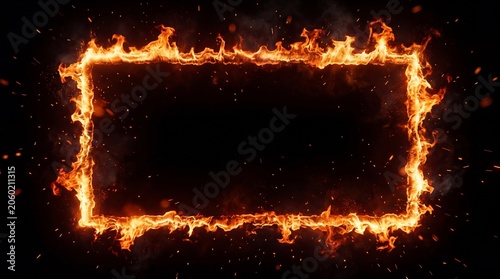 Fiery rectangular frame of intense flames with dynamic sparks against dark background, dramatic cinematic effect for bold visual impact.