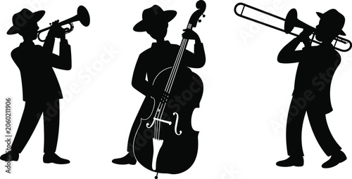 Bild auf Leinwand Black silhouettes set of a jazz band musicians wearing hats and playing trumpet