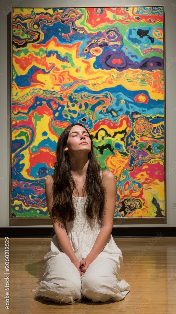 Obraz premium Serene Woman Kneeling in Art Gallery Contemplating Vibrant Abstract Painting