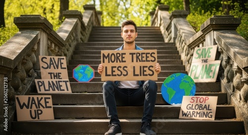 Young man holding protest signs about climate change and saving planet