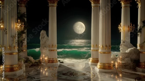 Fantasy, mysterious, wallpaper. A grand, opulent scene set in a classical or gothic setting. The main subject is a series of tall, slender, white columns with intricate gold detailing.