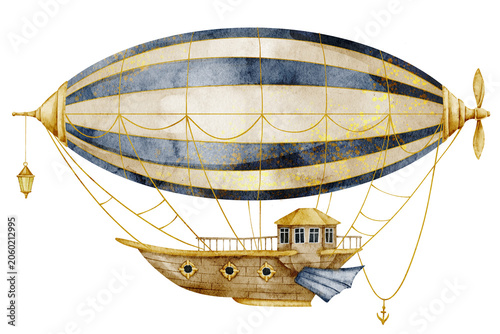Schilderij op canvas Airship watercolor illustration