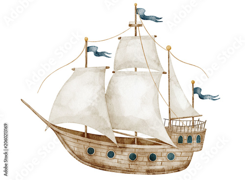 Ship watercolor illustration. Vintage sailing Galleon isolated on background. Maritime transport for nautical themes, exploration artwork and travel design projects. art for nursery posters.