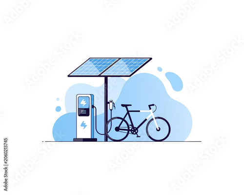 Smart E-Bike Charging Station Powered by Solar Panels Canopy, Renewable Green Energy Micromobility Flat Line Art Vector Concept isolated in transparent background