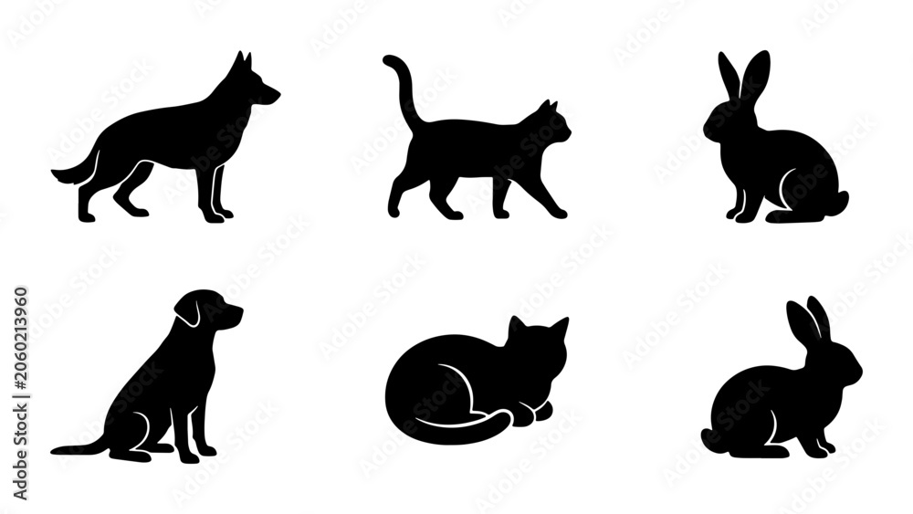 Obraz premium Silhouette Animal Icons: Dog, Cat, Rabbit Vector Set, Pet Graphics for Design