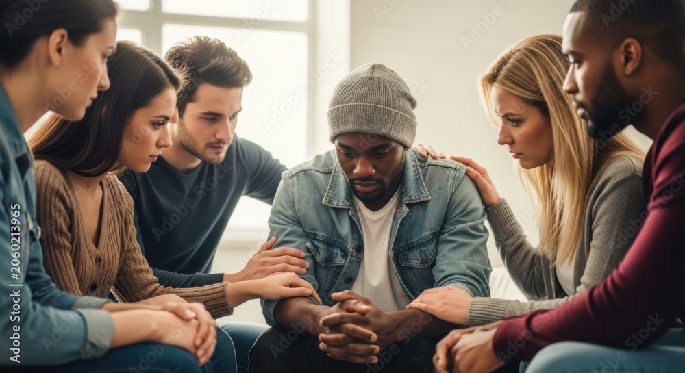 Obraz premium Diverse group of people offering support to a man in distress