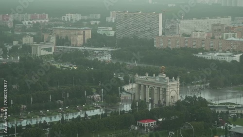 View from the window of autumn city Moscow after the rain. Top view