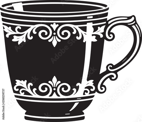 Black Tea Cup, Vector Mug, Floral Pattern, Monochrome Design