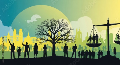 Diverse group of people standing under a tree with city skyline and scales of justice