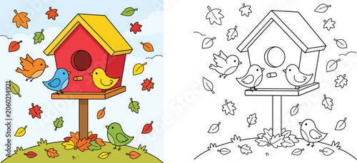 Cute birds and birdhouse in autumn coloring page with colored example, vector illustration of falling leaves and birds for kids educational activity worksheet.