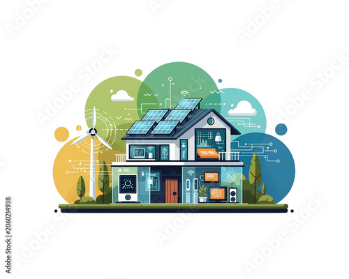 Cross Section of Smart Eco Home with IoT Devices, Roof Solar Panels and Wind Turbine for Renewable Energy Concept, Flat Vector Illustration ,isolated , transparent background