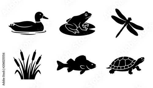 Pond Life Icons Set: Duck, Frog, Dragonfly, Reeds, Fish, Turtle, Aquatic Nature Graphics, Simple Black and White Vector Illustrations for Wildlife and Ecosystem Concepts