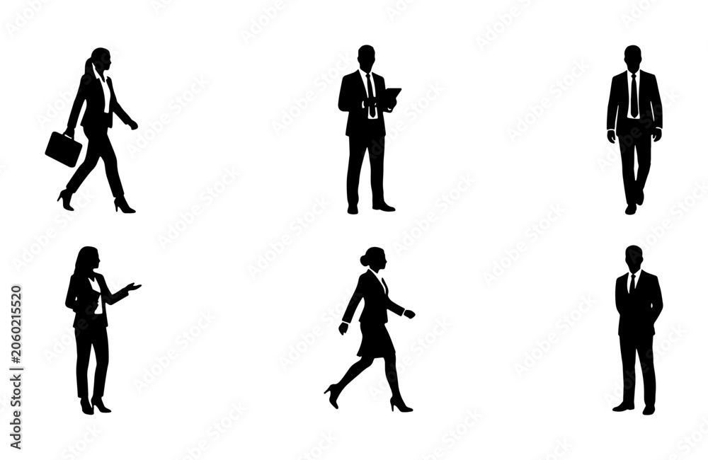 Obraz premium Business People Silhouettes Collection, Professional Men and Women Icons, Corporate Figures Set, Office Workers Vector Graphics