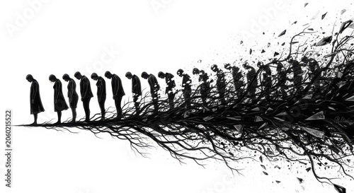 A line of people bowing and dissolving into abstract shapes isolated on white background