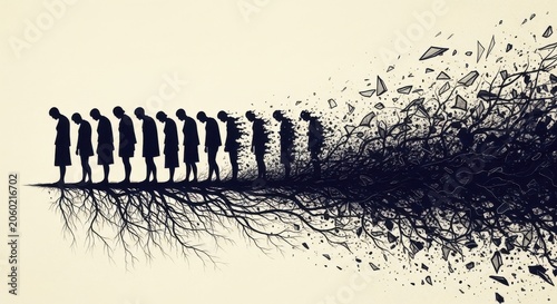 Line of people dissolving into abstract dark matter with roots