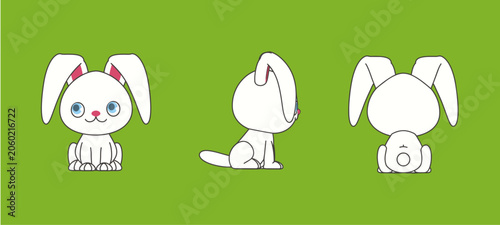 White cartoon bunny from three angles on a green background