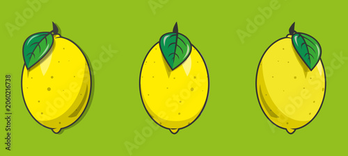 Three Fresh Lemons on Green Background: A graphic illustration featuring three vibrant yellow lemons, each with a green leaf, artfully arranged against a textured green backdrop.