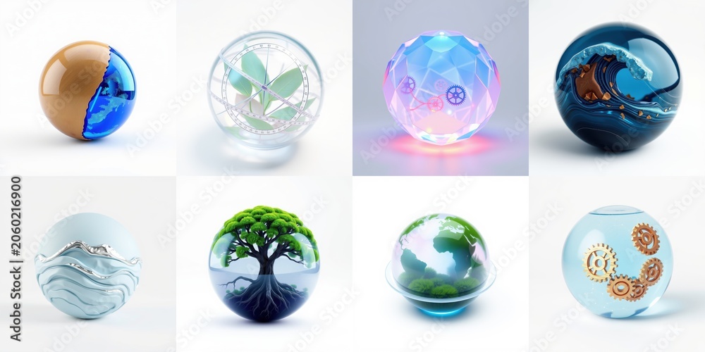 Fototapeta premium Spherical objects showcase diverse internal designs. Nature, technology, light, reflections create captivating visuals. Minimalist presentation, clean background.