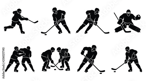 Photography Ice Hockey Player Action Silhouette Collection Vector Set