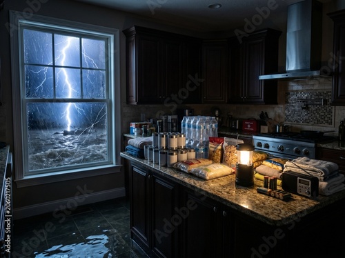 Emergency supplies prepared on a kitchen counter during a severe thunderstorm with lightning outside the window.